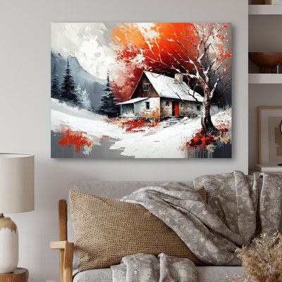 Monochère orange chalet en hiver VII - paysage, art mural sur toile