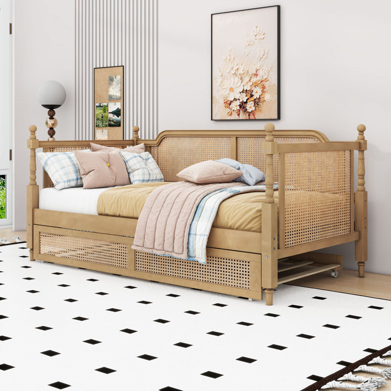 Wooden Daybed with Trundle and Durable Construction, Twin, Antique Walnut