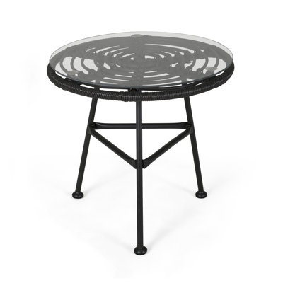Outdoor Faux Rattan Side Table with Tempered Glass Top for Balcony Porch Deck - Grey