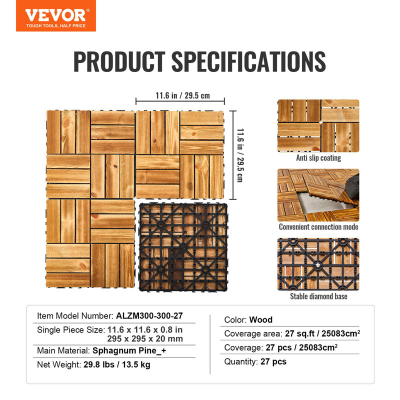 Carreaux de terrasse imbriqués en bois massif, paquet de 10, plancher de bois de pin camphre imperméable de 12 po x 12 po pour toutes les saisons, carrelage de terrasse pour le patio, au bord de la piscine, sur le balcon de la piscine (en bois)