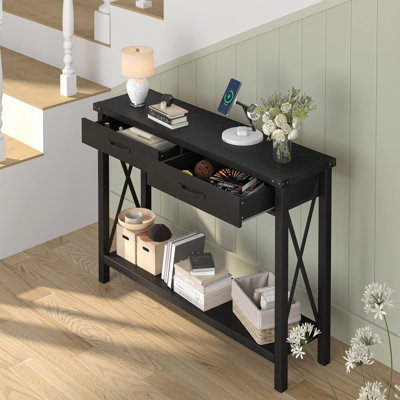 Console Table With 2 Drawers, Farmhouse Sofa Table With Storage Shelf, Accent Wood Entryway Table