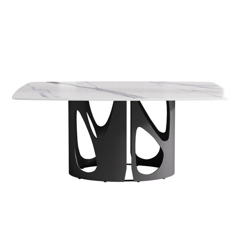 Table en pierre frittée blanche 69,28 po avec pieds en fer noir et capacité de 6 à 8 personnes, Blanc / beige