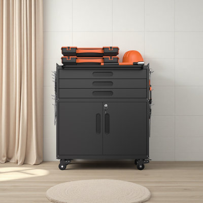 Armoire à outils roulante 34,3 po en métal - Rangement de garage robuste avec portes verrouillables et 3 tiroirs, organisateur d'établi mobile pour garage, atelier, maison