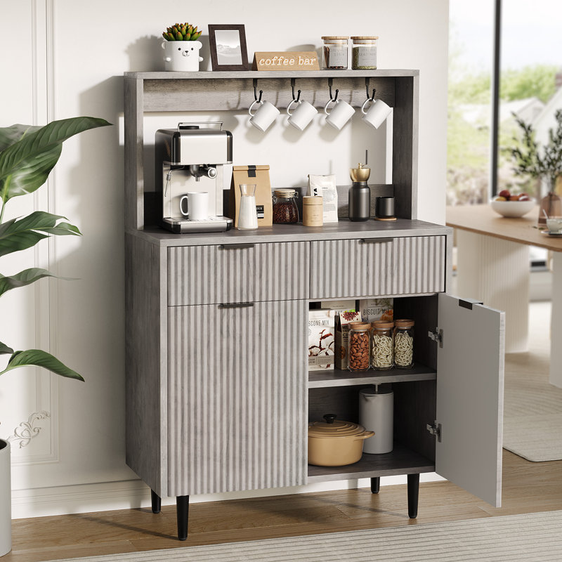 Buffet cannelé avec rangement, armoire à café moderne avec 2 tiroirs et tablettes réglables, console en bois pour la salle à manger, le salon, la cuisine et le couloir (gris)