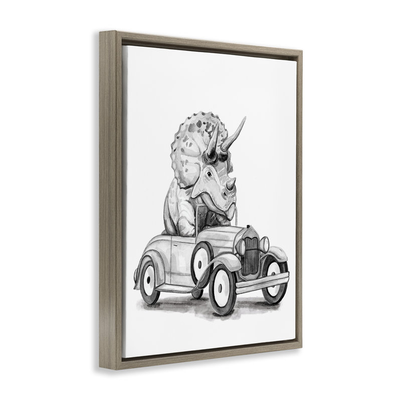 Triceratops dans un cadre flottant de véhicule rétro, design par Rachel Nieman, H 21 po x l 17 po
