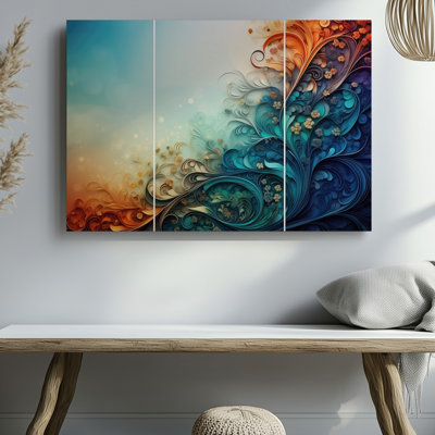 Toile d'une composition abstraite vibrante remplie de motifs tourbillonnants et de motifs muraux complexes mettant en valeur une riche palette d'art mural sur toile