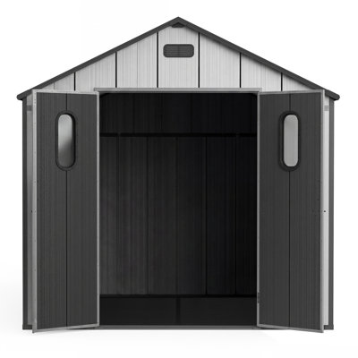 8x8Ft Resin Outdoor Storage Shed with Floor, Plastic Garden Storage Shed, Outside Weatherproof Storage Building for Tools, Bike, Lawn Mower, Patio, Ba