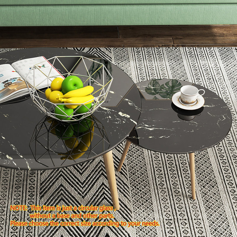 Plateau de table rond en verre trempé de 30 po avec motif en marbre noir imprimé, rebord rond épais poli de 0,315 po (8 mm)