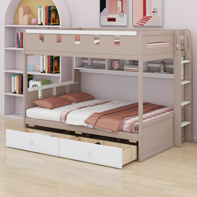 Castle Theme Bunk Bed Frame with Built-in Shelf, 2 Drawers and LED Lights