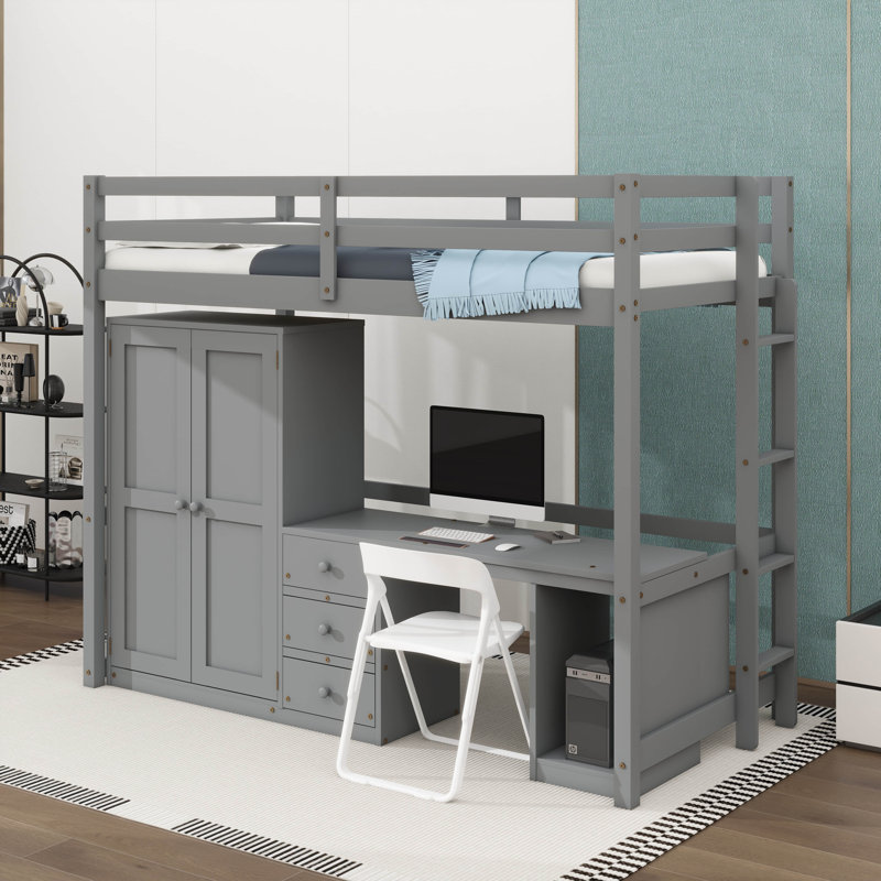 Lit mezzanine avec garde-robe, bureau et tiroirs de rangement, gris, Simple