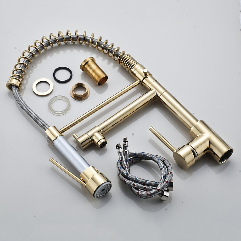 Robinet de cuisine en or brossé avec douchette rétractable, levier simple, débit réglable et douchette ajustable, débit d'eau