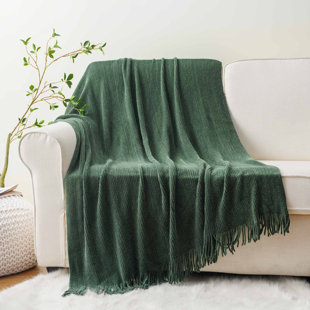 Throw Blanket For Couch, Soft Chenille Knit Throws With Tassels For Home Decor, Green Throws For Couch Cover, 60"X80"