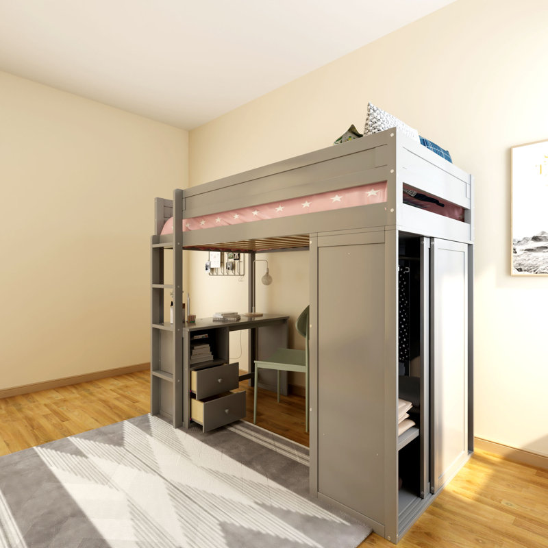 Glendoris Kids Loft Bed with Drawers, Gray, Twin