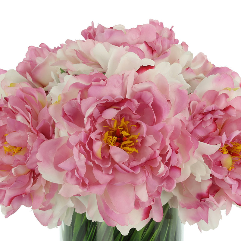 Faux Peony Arrangement in a Glass Vase, Pink
