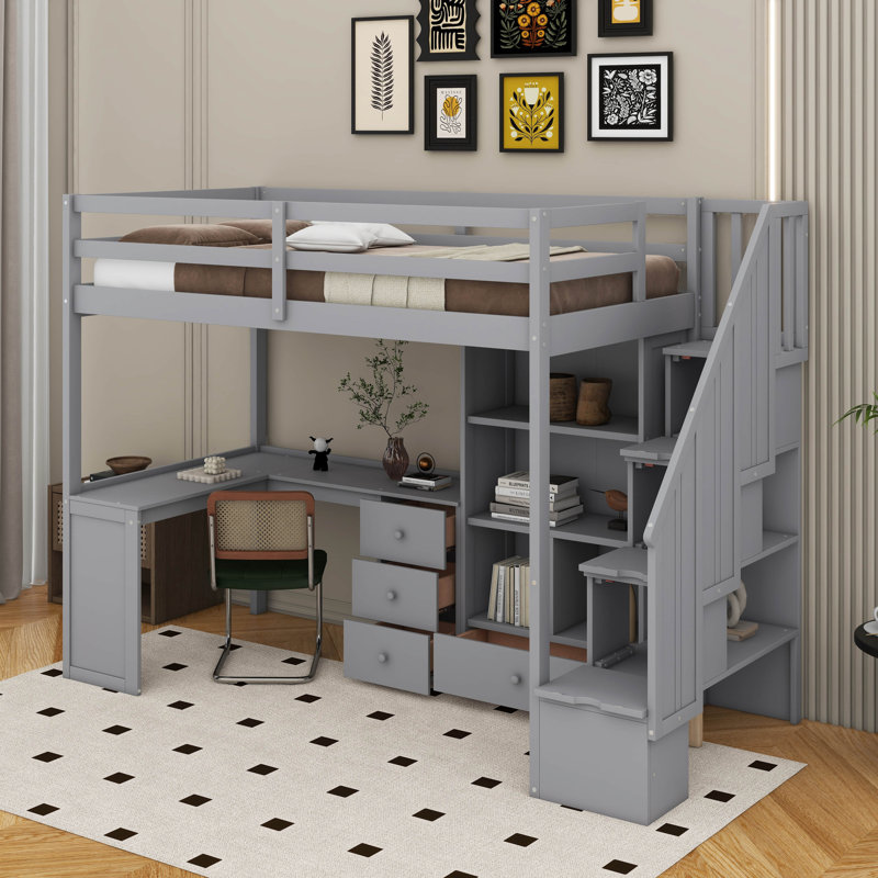 Lit mezzanine simple avec bureau et tiroirs, Gris
