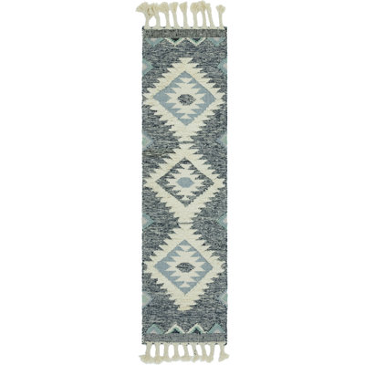 Tapis bleu marine en laine tissé à plat à la main Shriver Southwestern