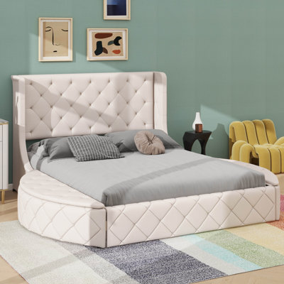 Lit tapissier en velours avec tête de lit à oreilles et tabourets de rangement doubles