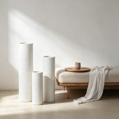 Ensemble de 3 grands vases cylindriques en métal blanc, parfaits pour un coin salon. Motif alvéolé moderne, très grand, pour la décoration de la maison, de la chambre et de la salle à manger.