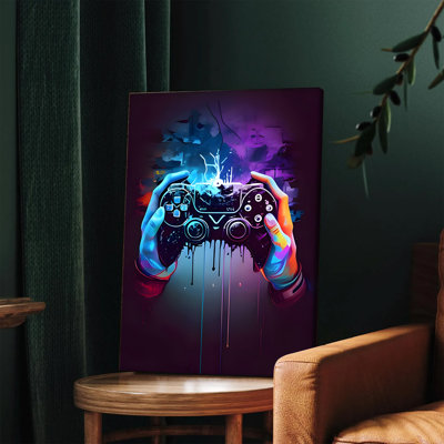 1Pcs, art mural, affiches encadrées, néon, contrôleur de jeu sur toile, art mural vibrant coloré, décoration de chambre moderne, œuvre d'art numérique abstraite pour les amateurs de jeux, chambre à coucher, salon, décoration, impression de jeu vidéo sur le thème