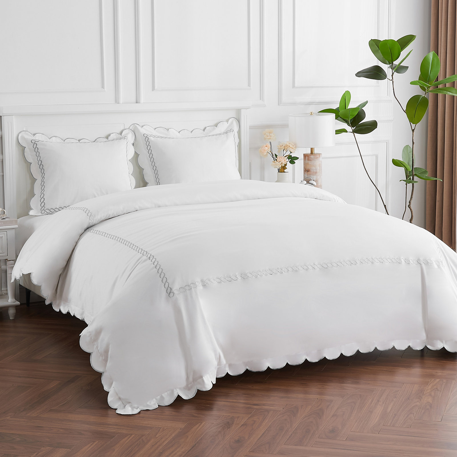 T600 SCALLOP ROPE DUVET SET, White, King Duvet Cover + 2 King Shams