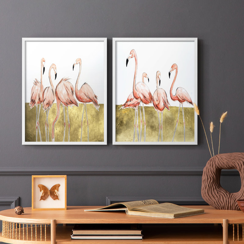 «Flamingo Flock I», reproduction encadrée de qualité supérieure - prête à être accrochée - aucun clou requis - aucun clou requis