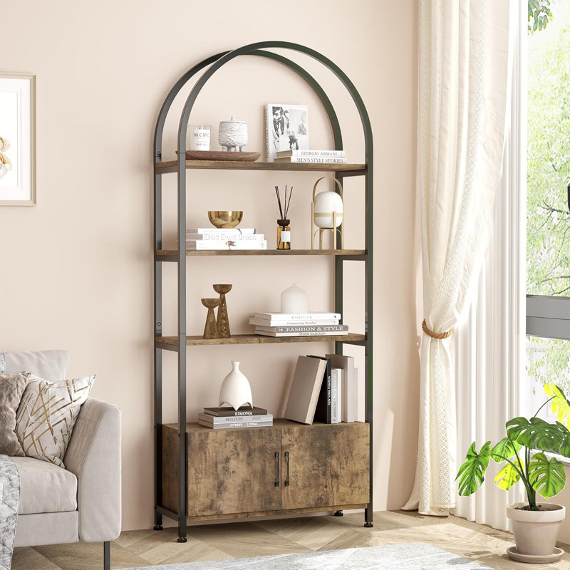 Arched Bookshelf, Bookcase With Doors Storage, Brown