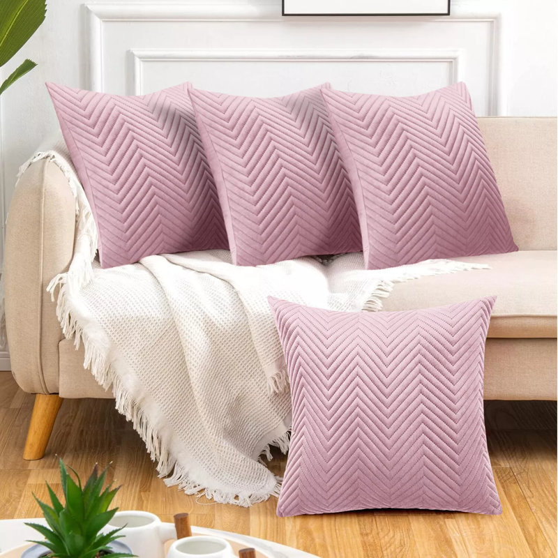 Luxury Chevron Embossed Quilted Pattern Velvet Cushion Cover Set (4-Pack) - Soft Throw Cushion Cover for Home Décor, Pink