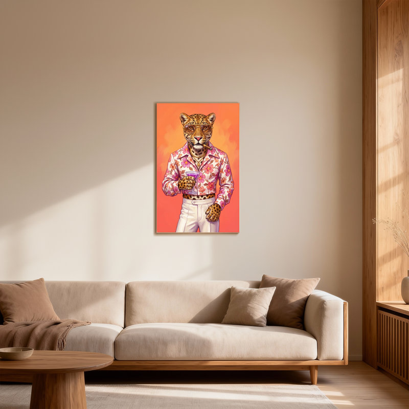Animaux, léopard en t-shirt à fleurs avec cocktail, H 48 po x l 32 po