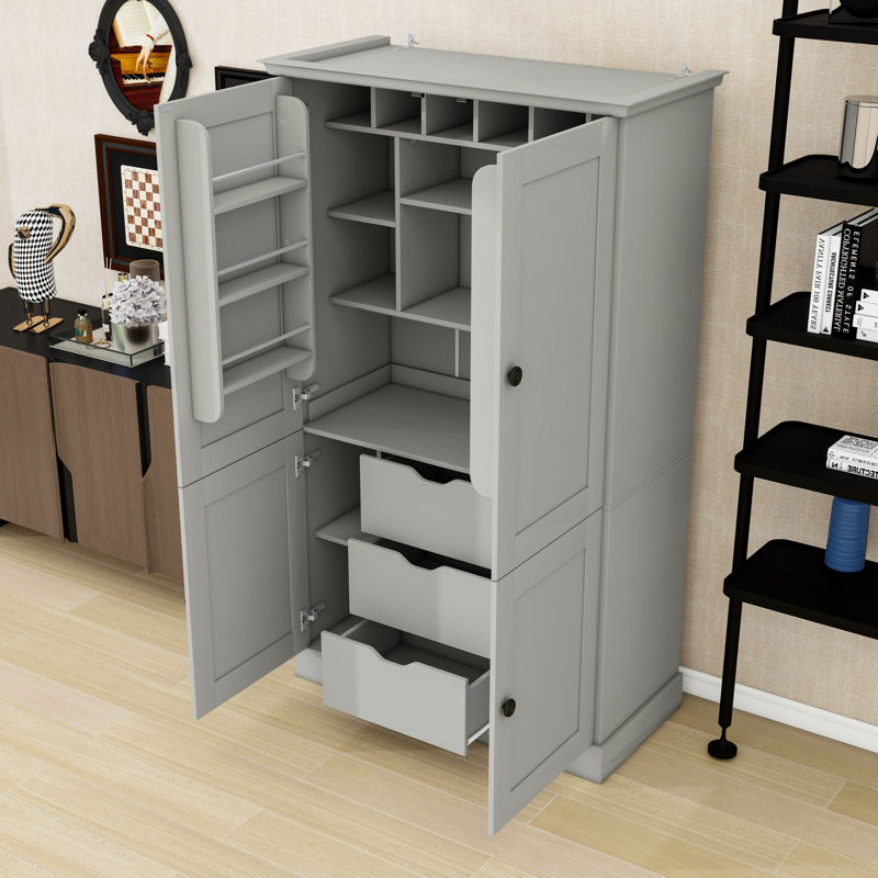 Freestanding Kitchen Pantry Cabinet with Adjustable Shelves, Wine Storage and Built-In Workstation, Gray