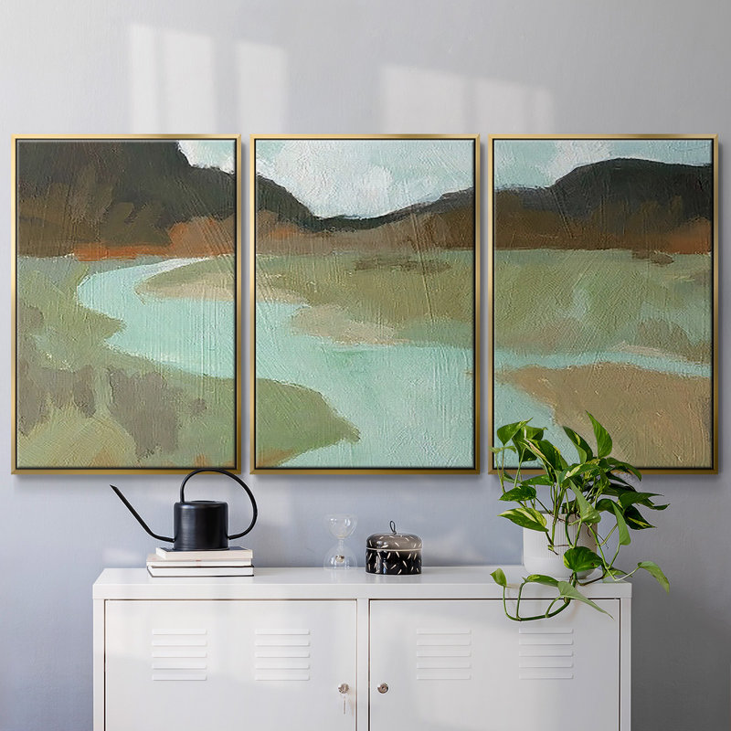 Coldwater Hills II, peinture sur toile 3 pièces, H 40 po x l 78 po, Encadrement doré