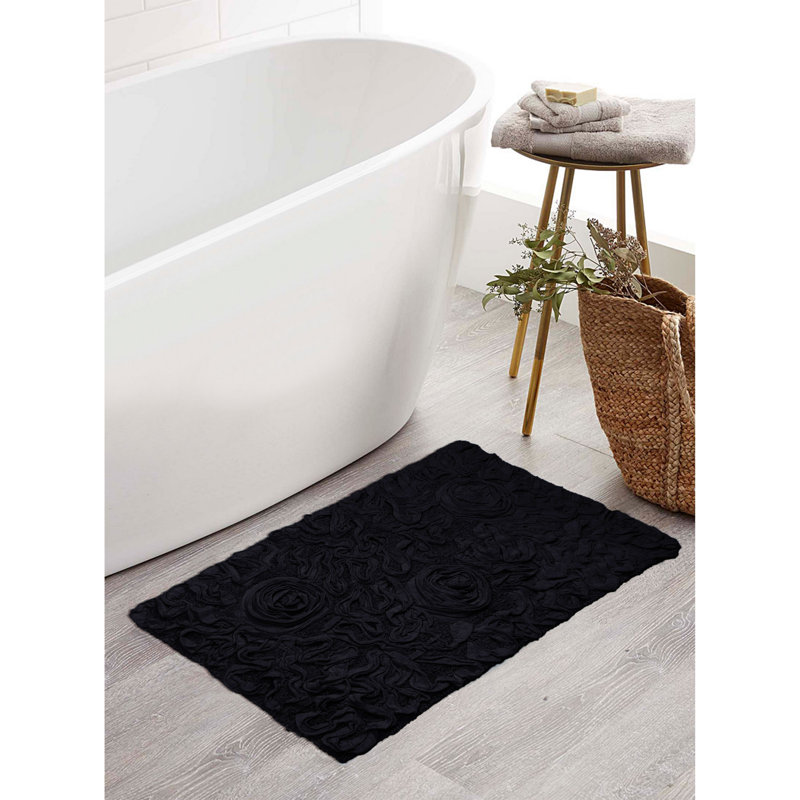 Schoenberger Floral Design Cotton Bath Rug, 34" L x 21" W, Black