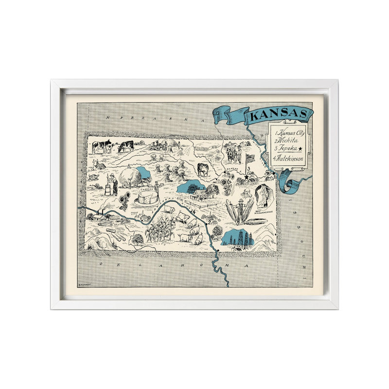 Carte illustrée du Kansas, 08"H x 10"W, Canvas, White Framed