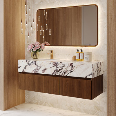48" Modern Luxury Bathroom Vanities With Sink, Glossy Faux Marble Table Top, Brown Wood Drawers