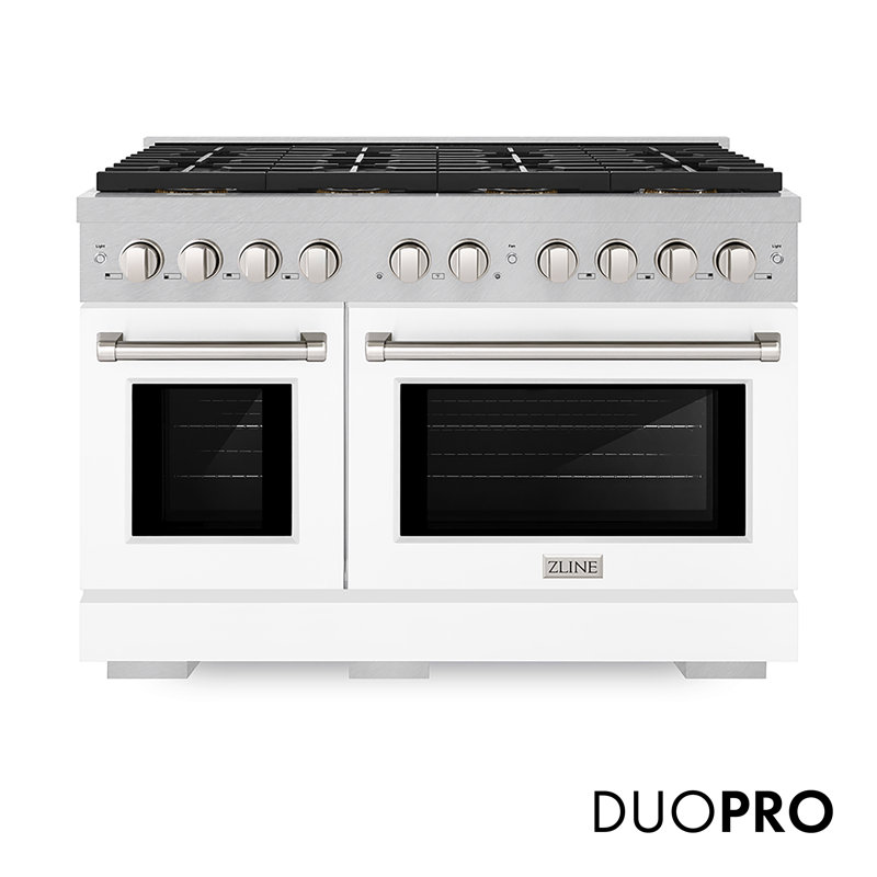 ZLINE 48 in. 6.7 cu. ft. Paramount Gas Range W/ 8 Burner DuoPro Cooktop and Dual Ovens in Satin Stainless Steel W/ White Matte Doors