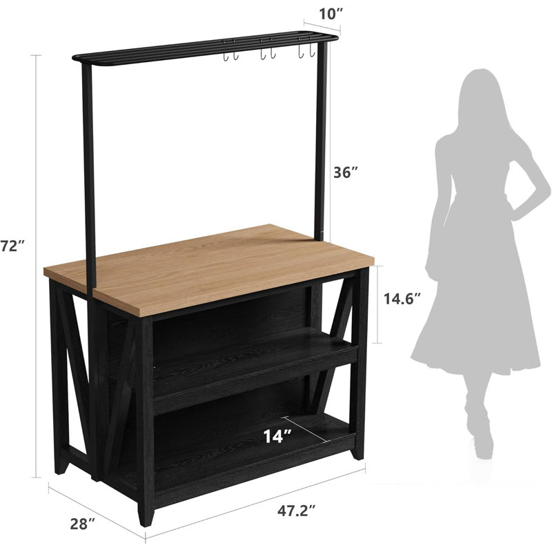 Wooden Kitchen Island With Power Outlet & LED Lights, Bakers Rack With Storage, Large Kitchen Island Table With 3 Tier Microwave Stand Oven Shelf, Coffee Bar Table With 6 Hooks
