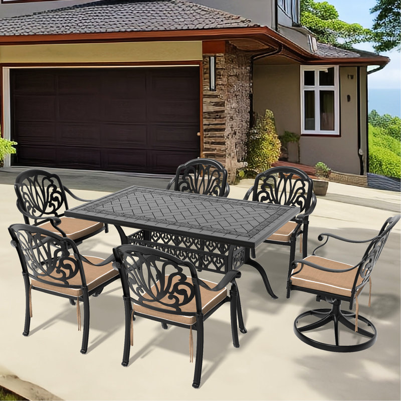 Table de salle à manger toutes saisons en fonte d'aluminium - 2 chaises pivotantes, 4 chaises et une table rectangulaire avec surface noire. Capacité de siège de 350 lb. Capacité de siège de 160 lb.