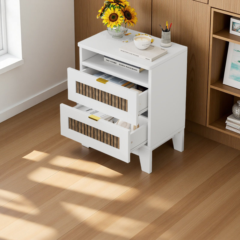 Table de chevet 2 tiroirs en bois de style campagnard avec bande adhésive décorative en bois et poignée en métal, Blanc