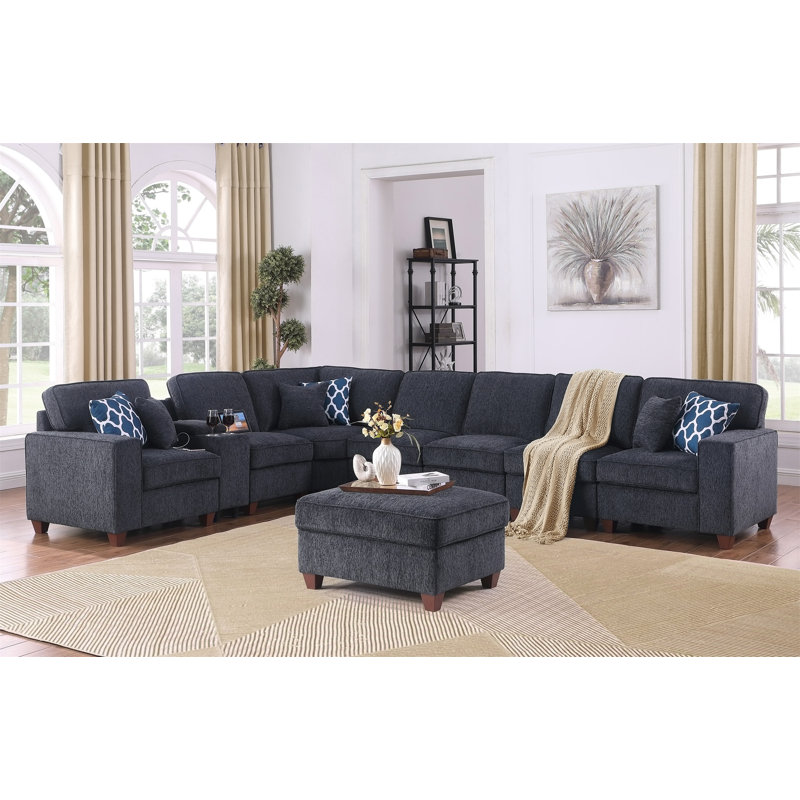 Lily Sectional Sofa With Ottoman, Black Chenille