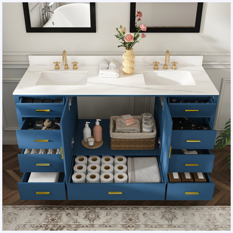 Meuble-lavabo double 60 po en bois massif bleu 60 po avec 2 lavabos, comptoir en quartz avec 6 trous de robinet, 2 portes doubles à fermeture en douceur, 7 tiroirs et 2 compartiments rabattables