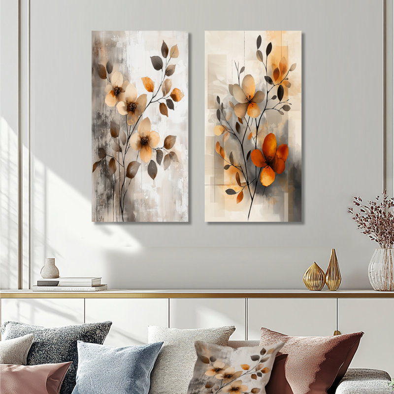 «Orange Beige Botanical Impressions III - Nature», ensemble d'art mural en métal, 32" H x 32" W