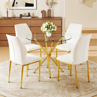 Ensemble de salle à manger 4 pièces avec table ronde en verre trempé de 36,6 po et chaises blanc-doré - Style moderne et luxueux pour le salon et la cuisine. Convient à divers styles de décoration intérieure