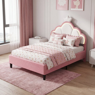 Acamas Pink Princess Single Bed Frame with LED Lights for Girls, Velvet Upholstered Kids Bed with Crown Shape Headboard, Height Adjustable Children's Youth Bed with Solid Wood Slats