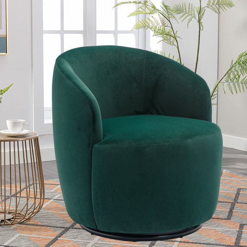 Swivel Accent Armchair Barrel Chair With Powder Coating Metal Ring, Dark Green Velvet