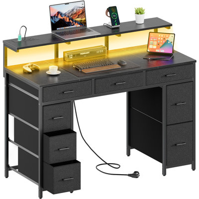 HLDIRECT 47 inch Computer Desk with 8 Storage Drawers, Gaming Desk with LED Lights & USB Power Outlets, Home Office Table with Monitor Stand, Study Wr by HLdirect