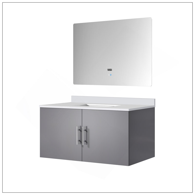 Meuble-lavabo moderne 36 po X P 22 po D, plateau en quartz blanc et Miroir à DEL, Gris foncé