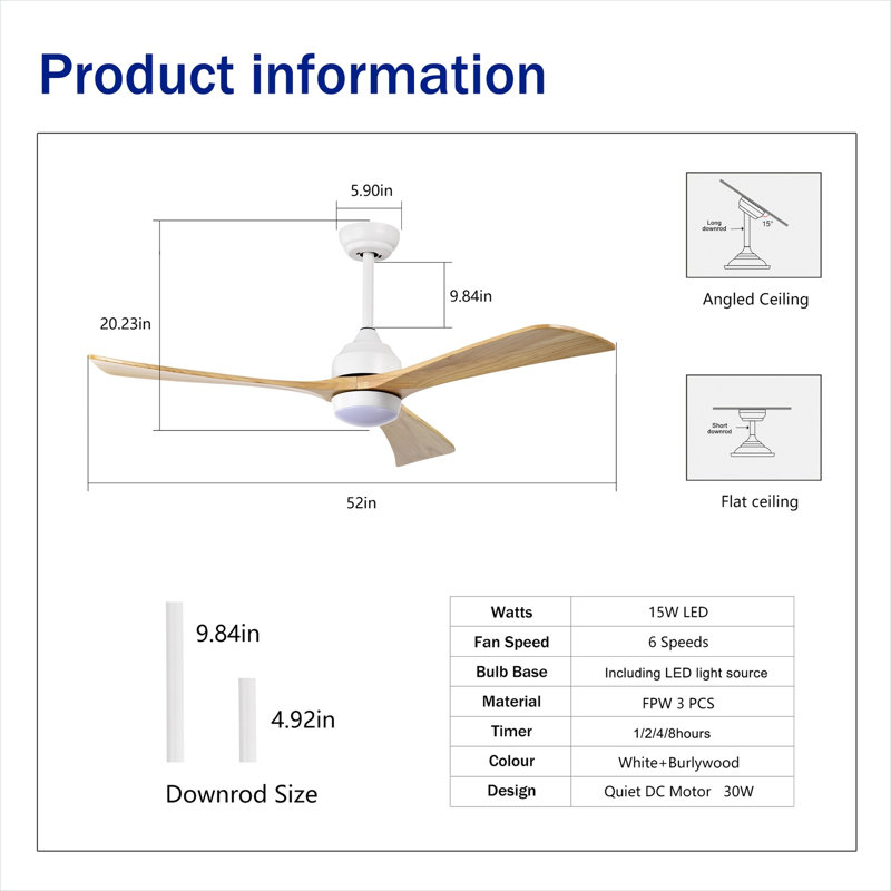 Ventilateur de plafond blanc mat et naturel de 52 po avec commande à distance, flux d'air saisonnier et moteur à courant continu