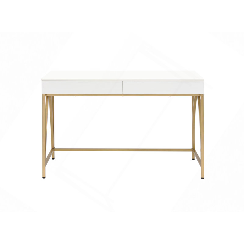White High Gloss & Gold Finish Vanity Desk