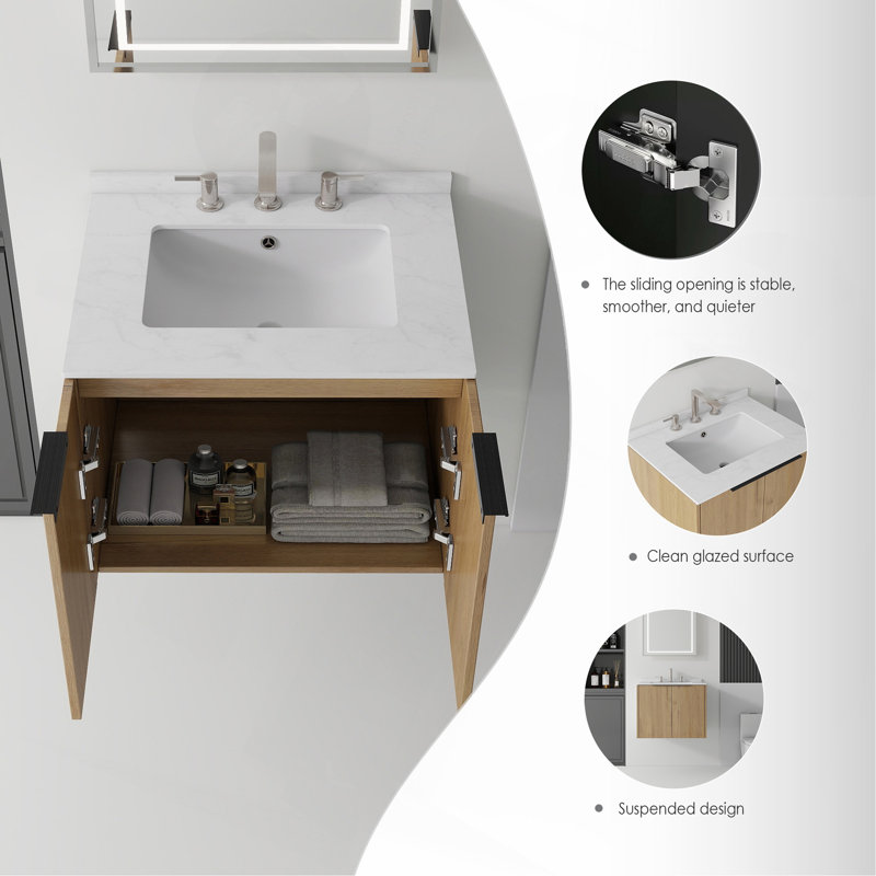 Meuble-lavabo flottant 24 po avec lavabo, porte à fermeture en douceur, comptoir et dosseret en marbre de culture blanc de Carrare de 0,6 po