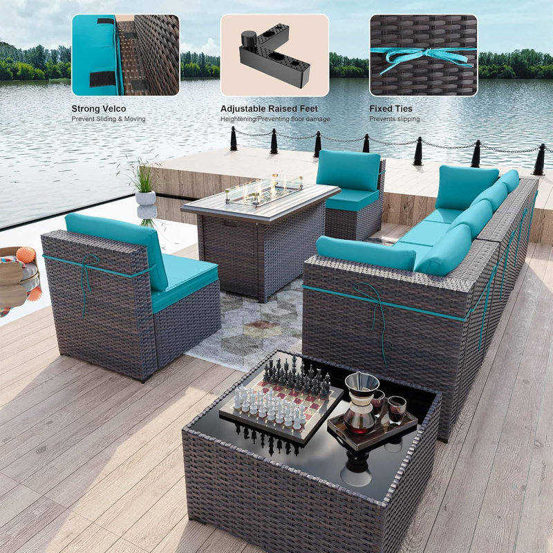 Yasmina 8-Pieces All-Weather Wicker Outdoor Conversation Sets With 55,000 BTU Fire Pit Table And Cushions, Green