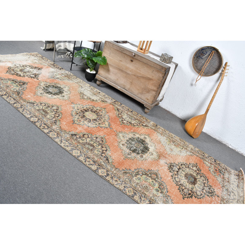 Tapis de couloir turc rétro en laine orange pour la cuisine et les escaliers - Style antique délavé brun / orange